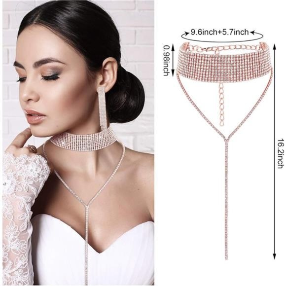 Hicarer 3 Pieces Women Rhinestone Jewelry Set Rhinestone Tassel Choker Necklace - Picture 3 of 7